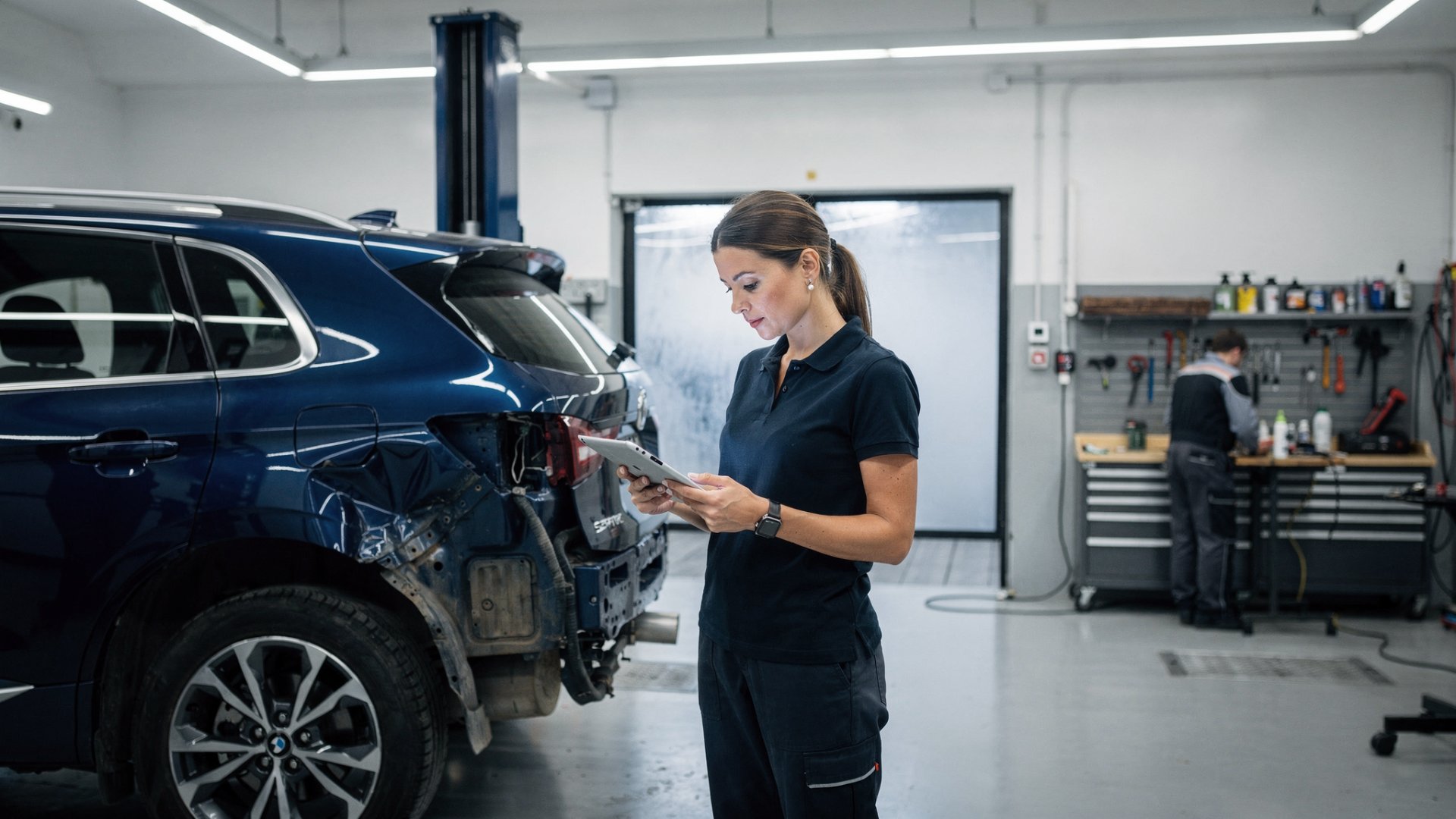 An estimator with a tablet beside a damaged SUV on a lift in a repair centre