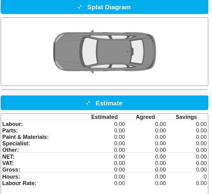 A VAS job form showing the damage diagram and the estimate table
