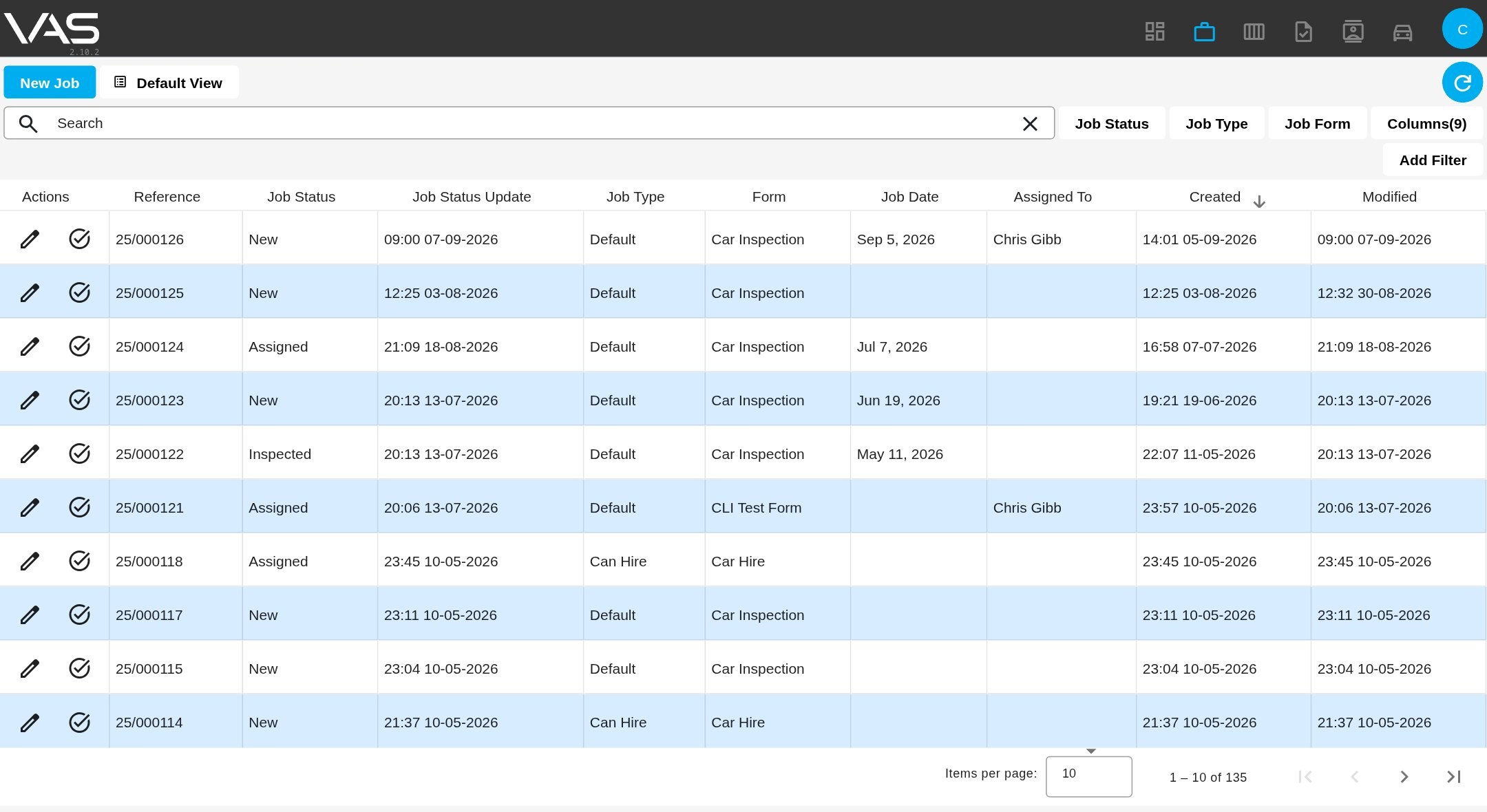 The VAS jobs table with a saved view, status and type filters, and columns chosen by the user