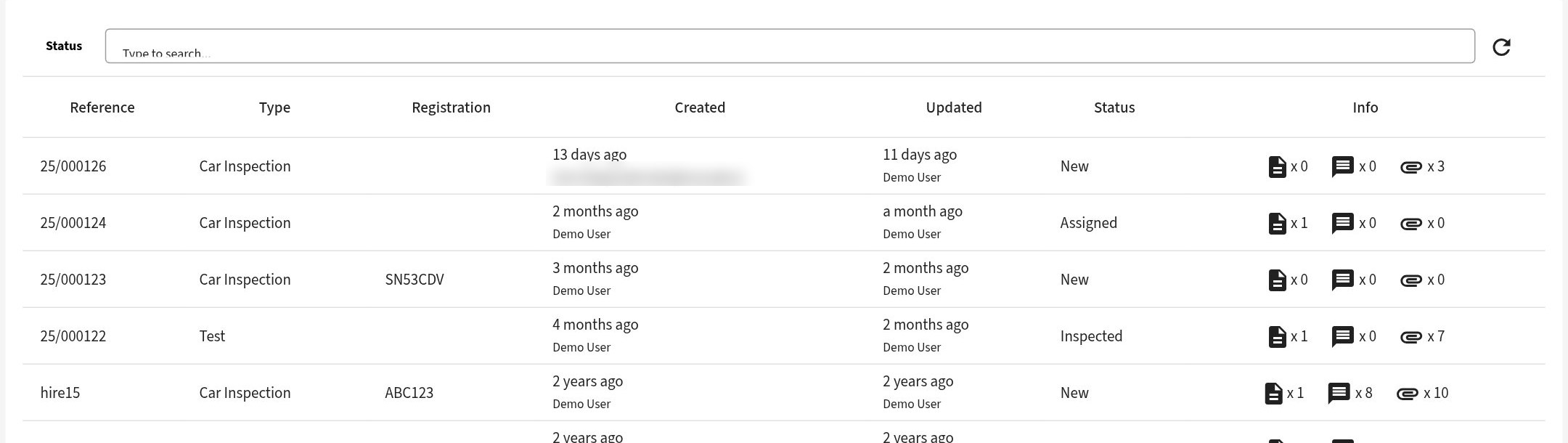 The VAS customer portal table listing submitted instructions with status, files, notes and reports